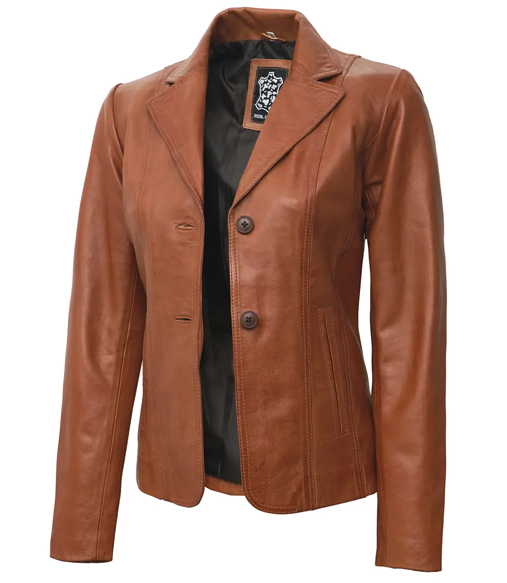 Women's Two Button Tan Leather Blazer Jacket 