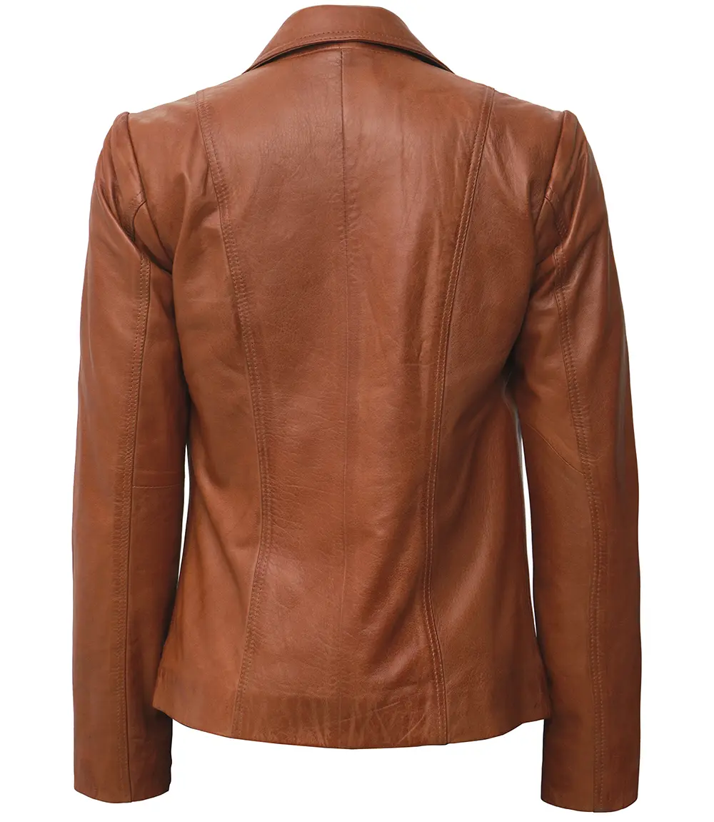 Women's Two Button Tan Leather Blazer Jacket 