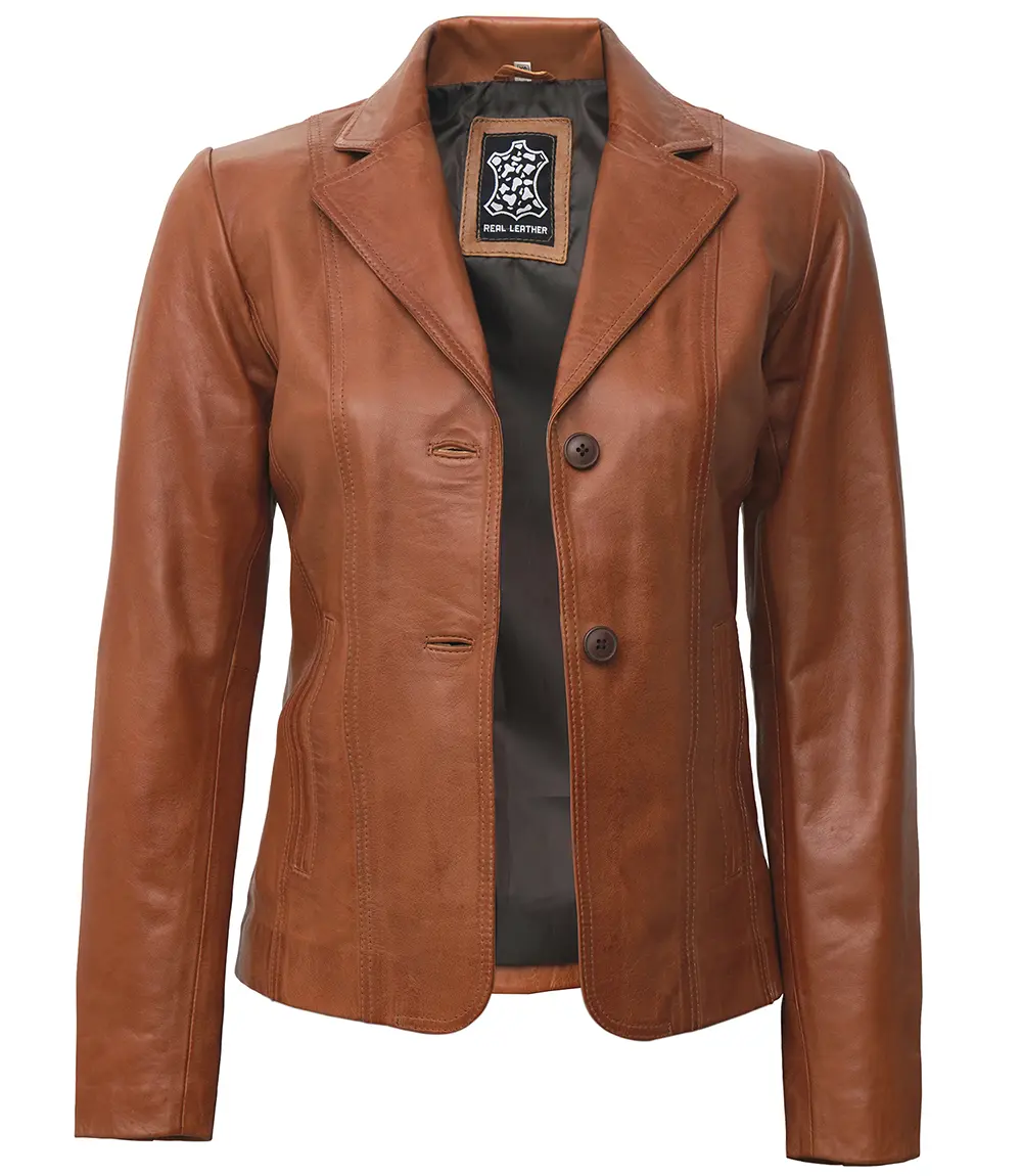 Women's Two Button Tan Leather Blazer Jacket 