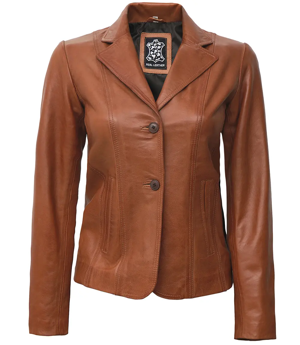 Women's Two Button Tan Leather Blazer Jacket 