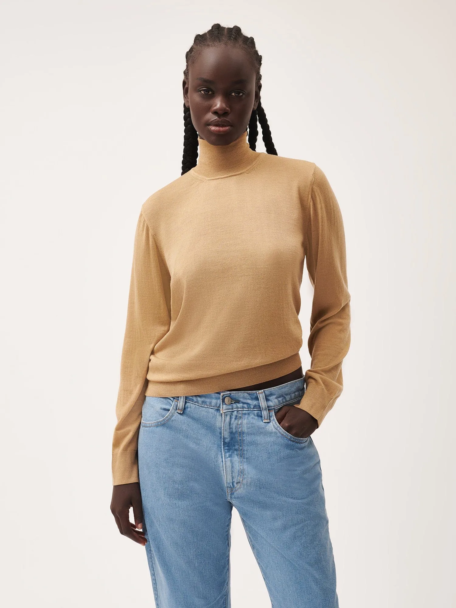 Women’s Regenerative Merino Wool Turtleneck Sweater—camel